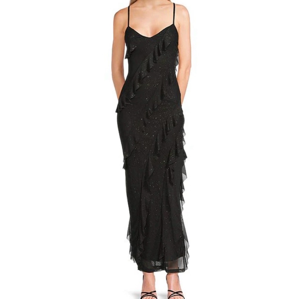 THIRTY THIRTY Women’s Chic Glitter Mesh Ruffle Maxi Dress Size M
